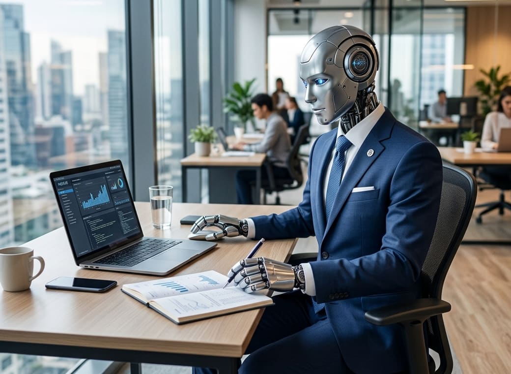 Robô humanoide com terno e gravata trabalhando em escritório moderno — automação agêntica THR Tecnologia